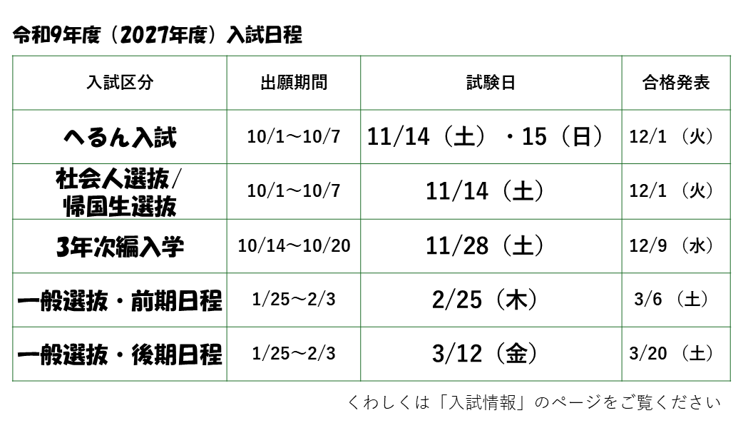 【へるん入試】出願期間10/1～10/7，試験日11/4(土)・11/5(日)，合格発表12/1(火) 【社会人選抜/帰国生選抜】出願期間10/1～10/7，試験日11/14(土)，合格発表12/1 (火) 【3年次編入学】出願期間10/14～10/20，試験日11/28(土)，合格発表12/9 (水) 【一般選抜・前期日程】出願期間1/25～2/3，試験日2/25(木)，合格発表3/6 (土) 【一般選抜・後期日程】出願期間1/25～2/3，試験日3/12(金)，3/20 (土)